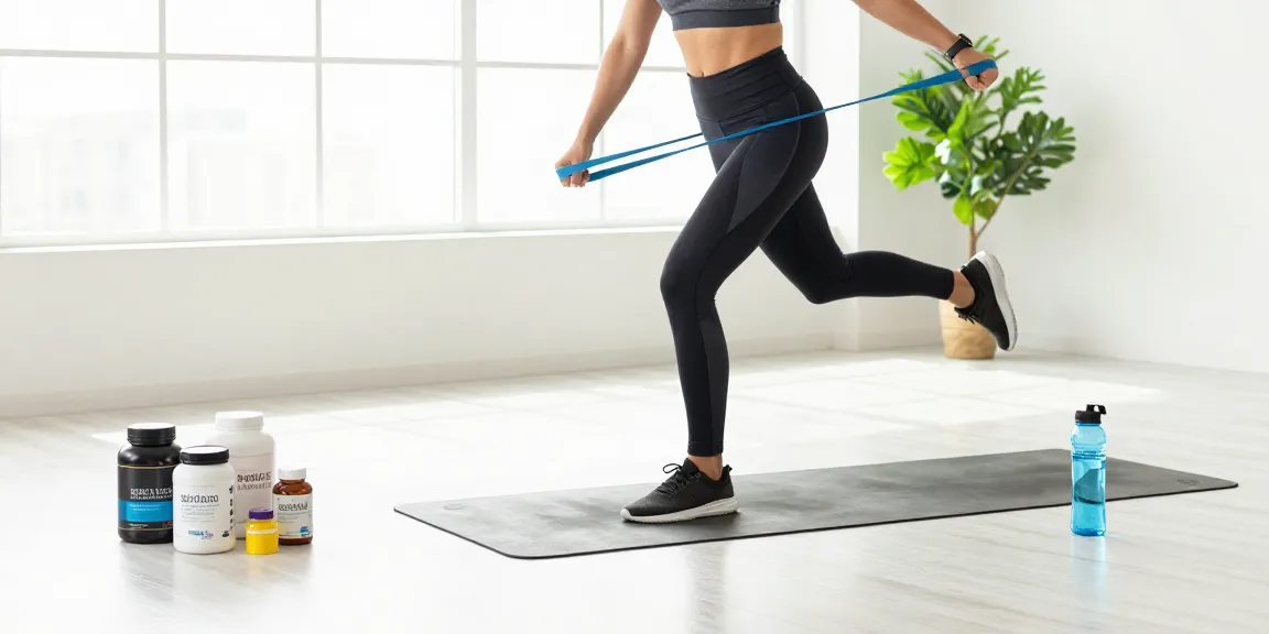 Woman exercising with peptides supplements in a bright wellness studio.