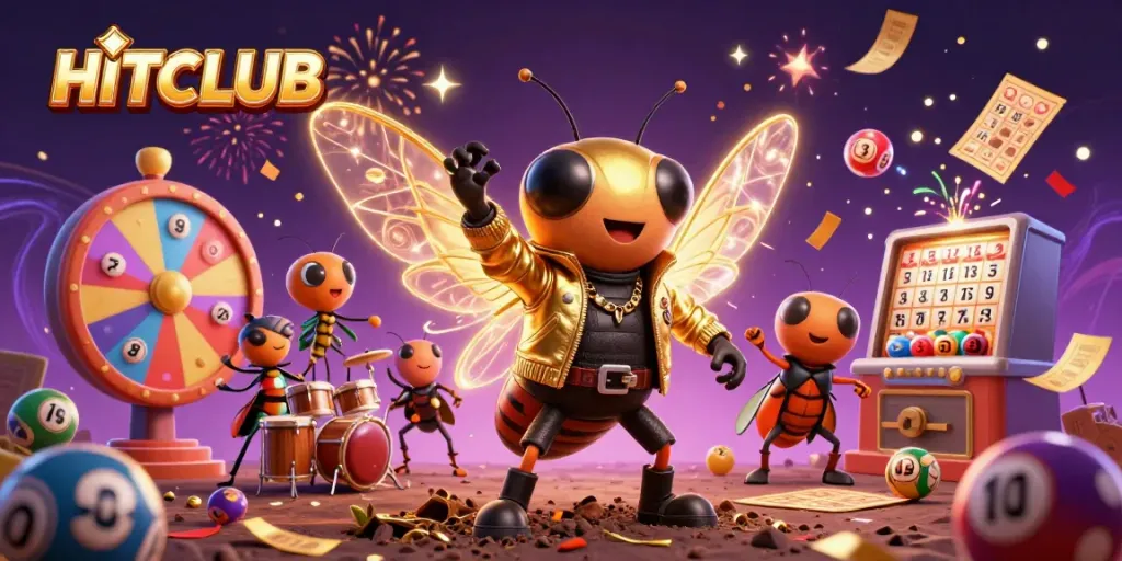 Spin to win at HITCLUB's vibrant lottery scene with dynamic gaming elements and character energy.