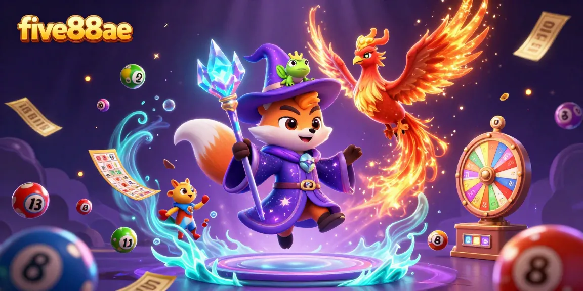 Experience the excitement of five88ae with vibrant lottery elements and dynamic gaming characters.