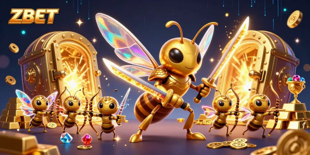 ZBET showcases thrilling casino action with a golden hornet in samurai armor amidst treasure and gaming elements.
