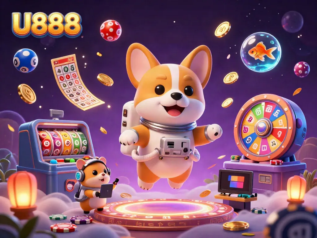 Experience thrilling gameplay at U888 with a dynamic casino scene featuring a floating astronaut corgi, lively game elements, and vibrant colors.