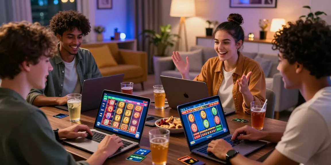Gruppe von Freunden, die das Erlebnis eines Paysafe Card Casinos genießen, digitale Spielautomaten spielen, während Paysafe-Karten und Getränke sichtbar sind.
