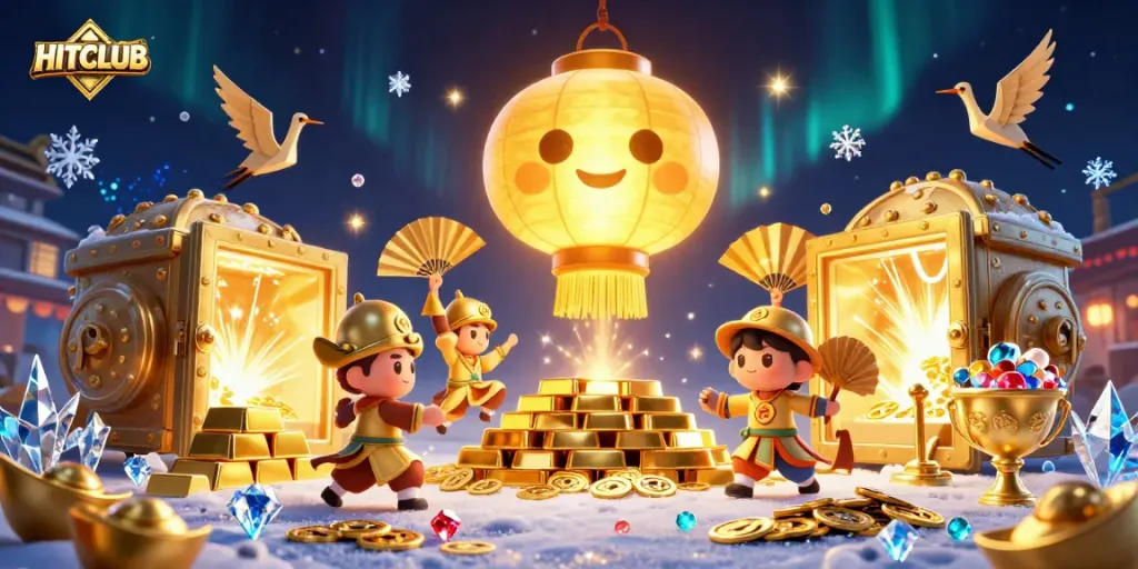 Engage with HITCLUB's vibrant casino ambiance illuminated by a golden lantern spirit.