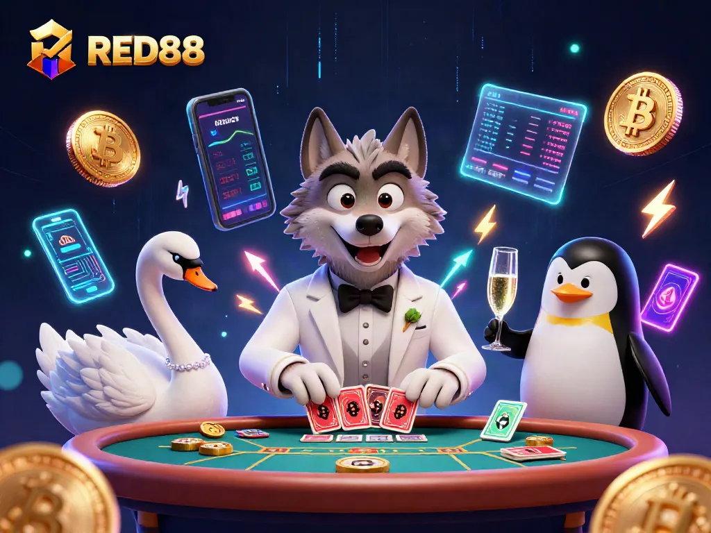Join the excitement at RED88 with our vibrant casino scene featuring stylish animals and glowing crypto elements.