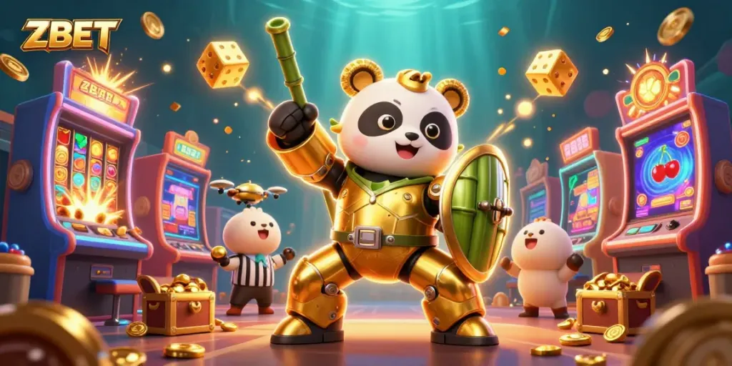 ZBET engages players with a thrilling 3D casino illustration packed with slot machines and vibrant visual effects