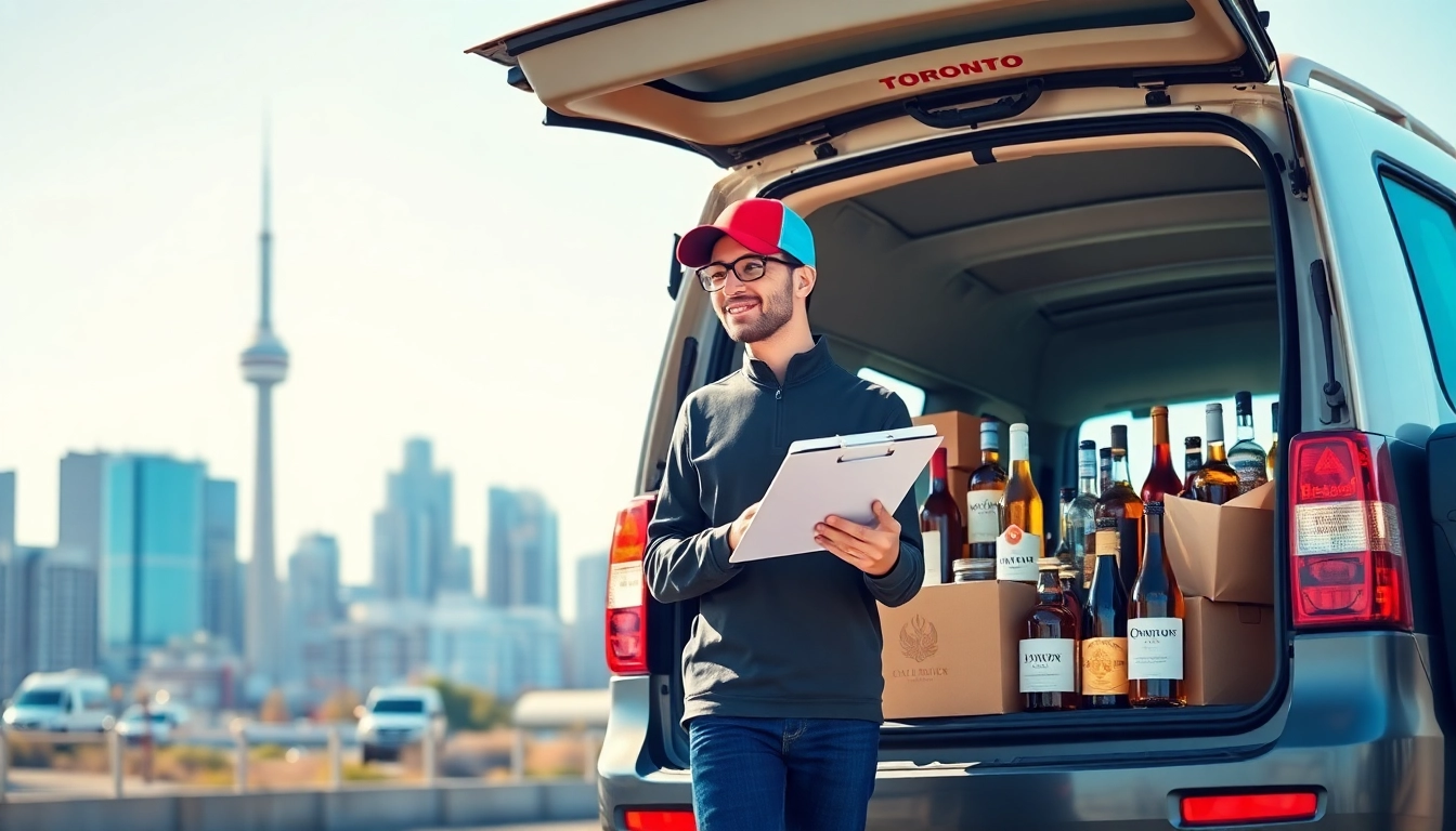 Alcohol delivery Toronto featured in a lively city scene with a delivery person and diverse bottles.