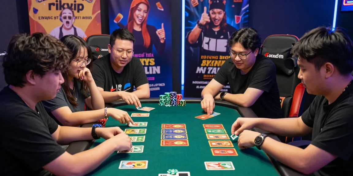 Engaged players enjoying card games at Rikvip's vibrant gaming table.