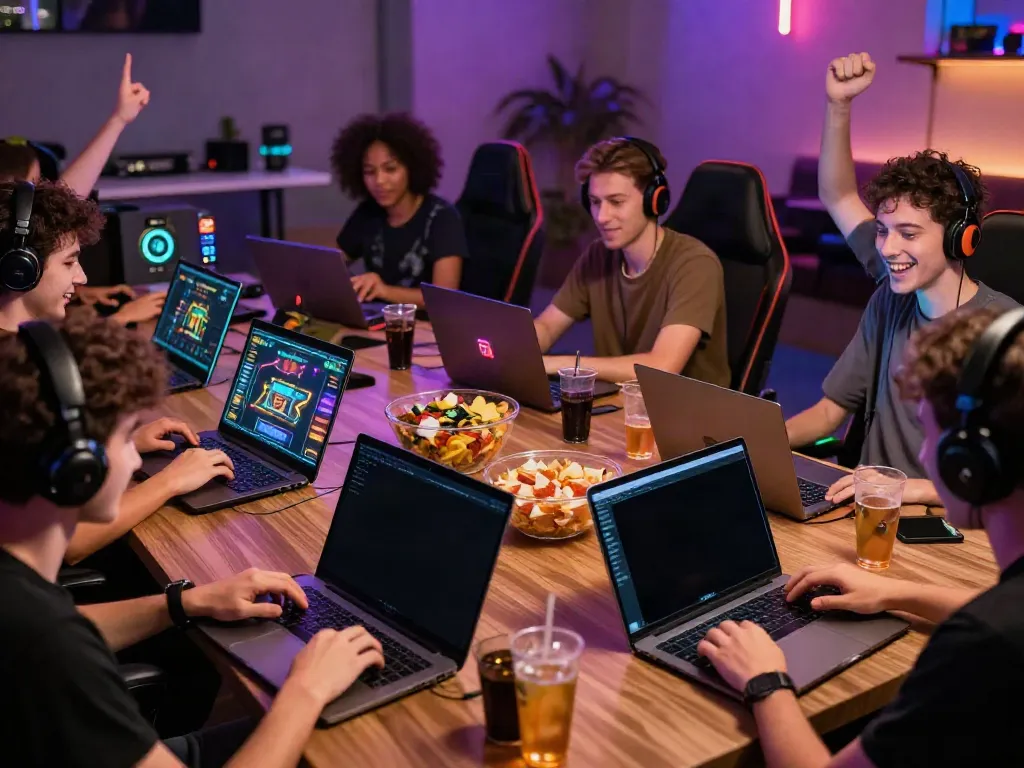 Group enjoying Streek Crypto Casino Canada games in a lively lounge.