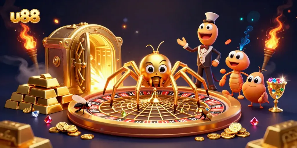 Experience the lively action at u88, featuring a golden spider spinning a roulette wheel with vibrant jewels and treasures.