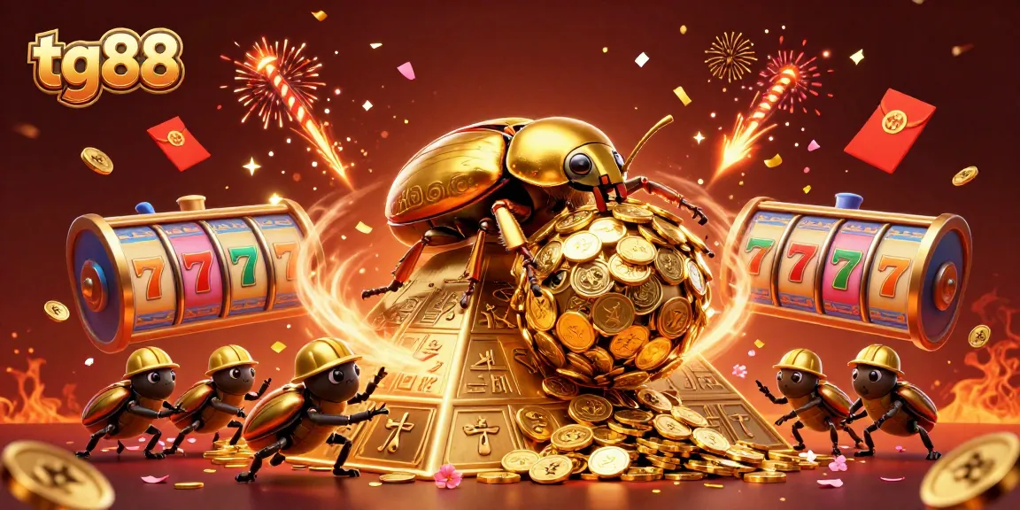 Spin and win with tg88, showcasing a vibrant 3D illustration of a golden beetle and lively casino elements.