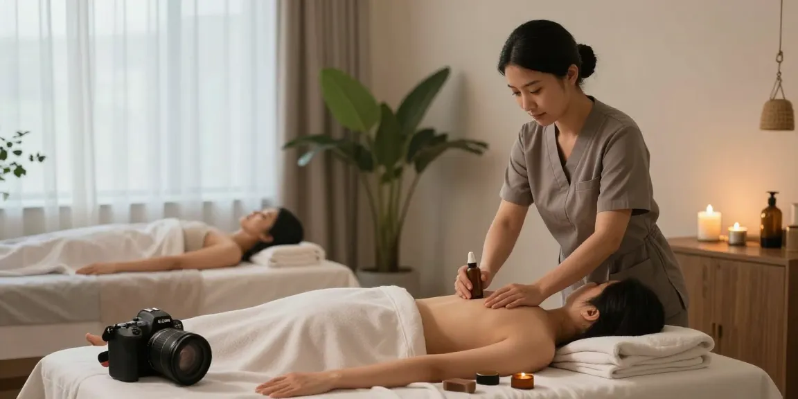 Relaxing scene of a professional therapist preparing for 구리출장마사지 in a serene home environment.