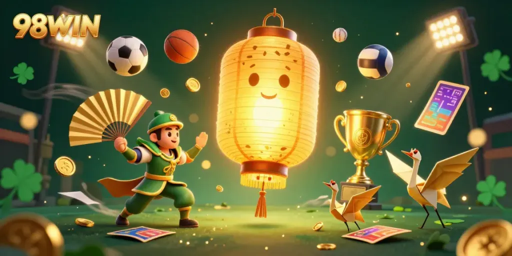 Win big with 98WIN at the dynamic night market casino featuring golden lantern spirits and sports elements.