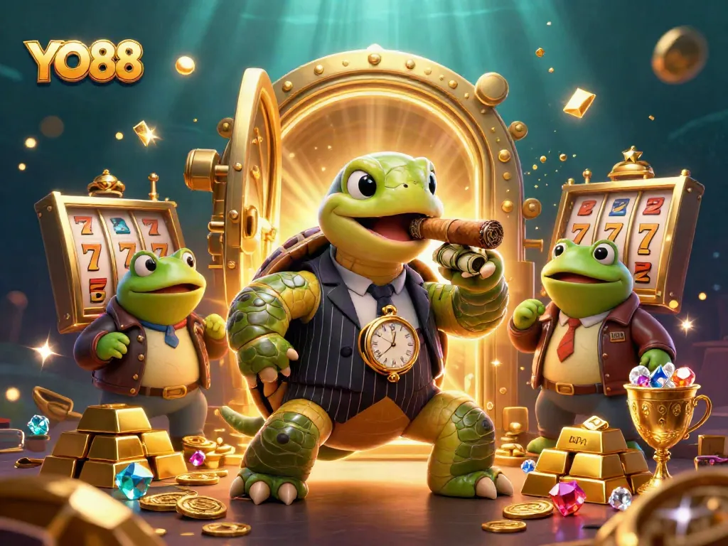Engage with YO88's thrilling slot games alongside a vintage mobster snapping turtle and bullfrog enforcers.