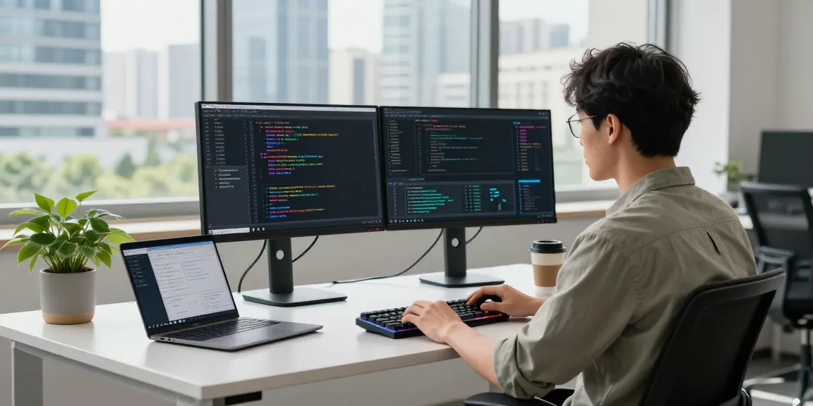 快连 technology setup with developer coding on dual monitors in a modern office.