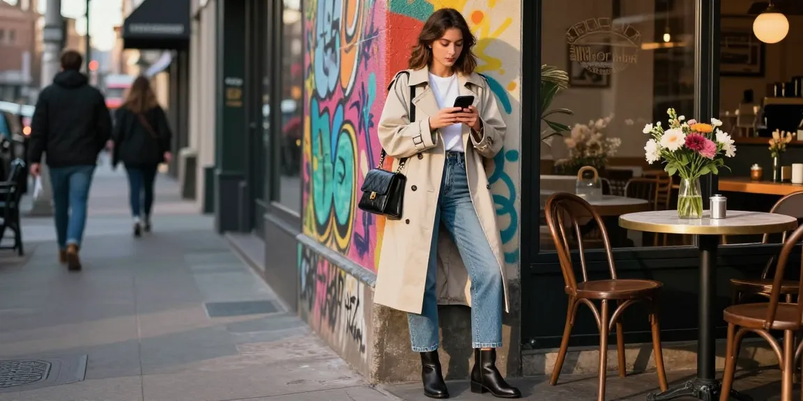 Fashion-forward woman in urban outfit checking smartphone against vibrant graffiti, showcasing contemporary style.