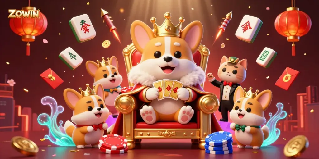 ZOWIN thrills players with an engaging casino scene featuring a royal corgi and dynamic game elements.