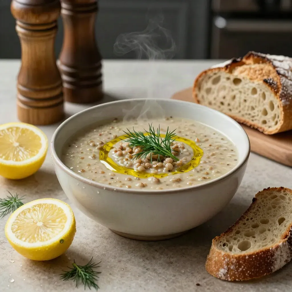 Lentil soup bowl with dill oil, lemons, pepper mill, and rustic bread on stone table