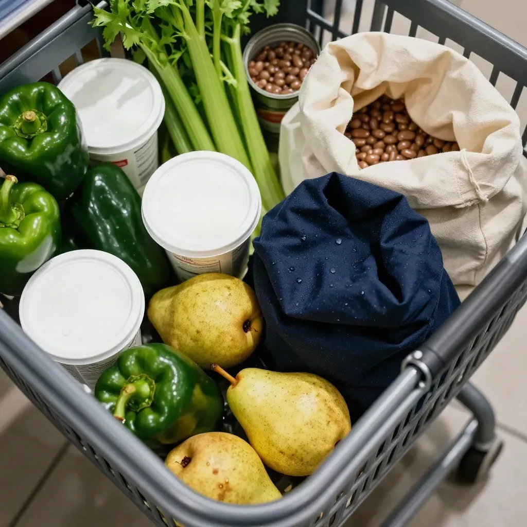 Overhead grocery basket of produce, yogurt, beans and cloth bags in a bright store aisle
