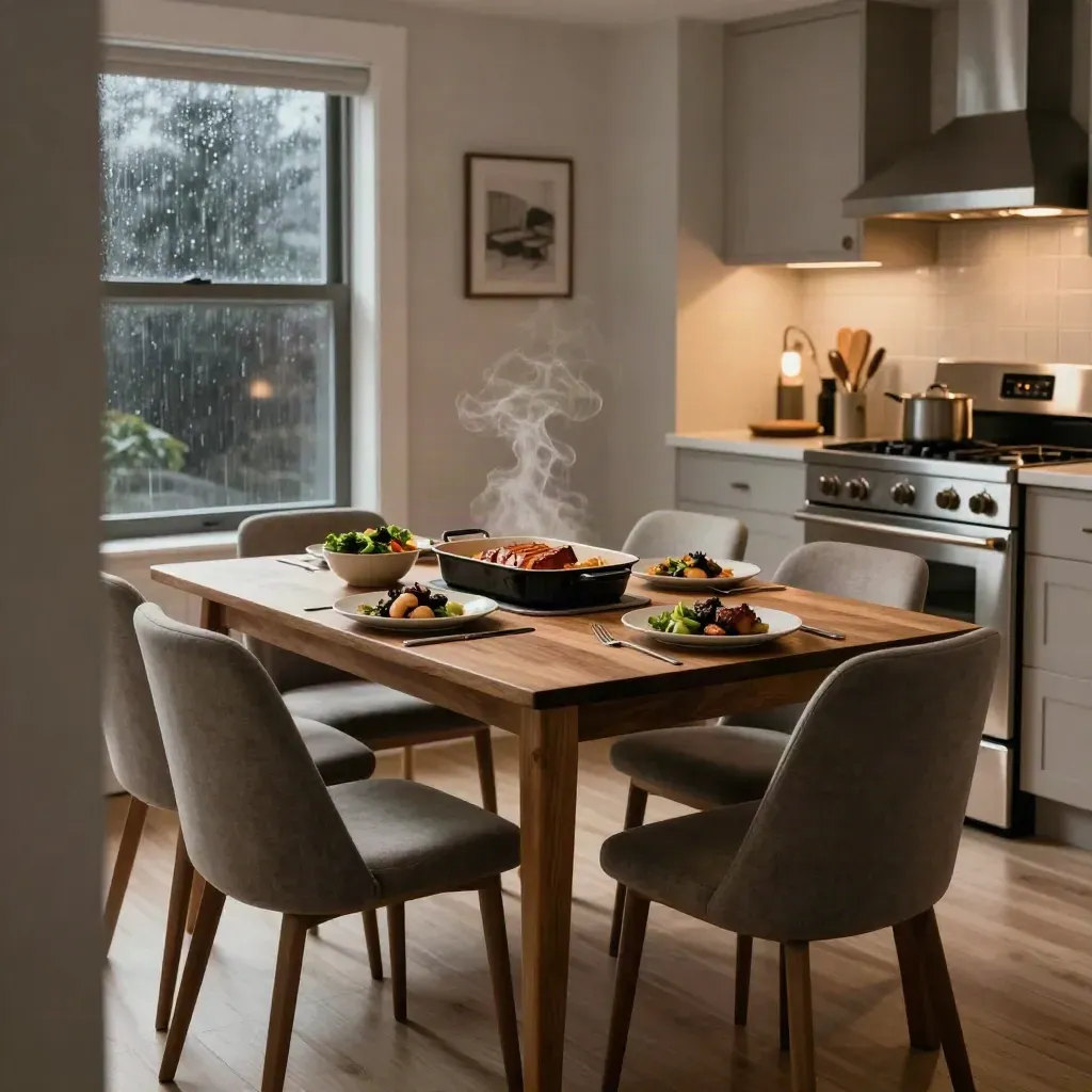 Warm townhouse dinner table set with plates, roast pan, steamed vegetables, and glowing kitchen