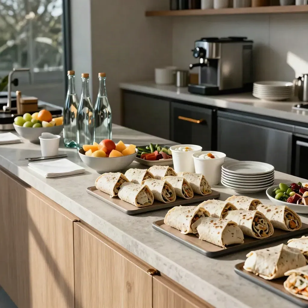 Catering spread of wraps, fruit, yogurt cups, and sparkling water in a corporate kitchenette.