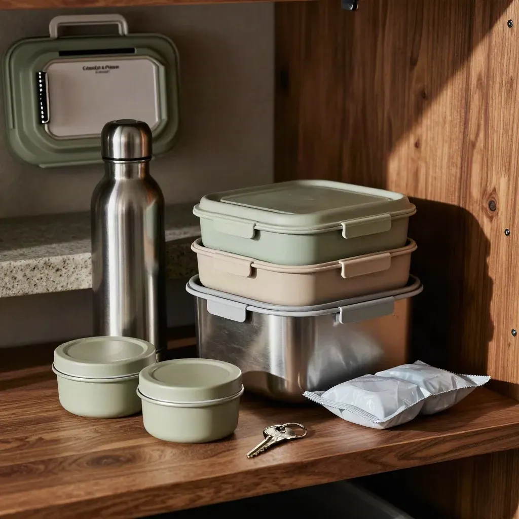 Packed lunch kit with steel containers, water bottle and snack tins on a walnut shelf.