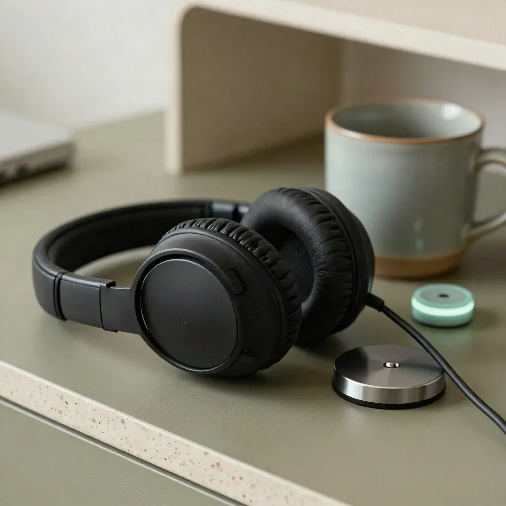 Headset, charging base, mug, and call light on a quiet support counter.