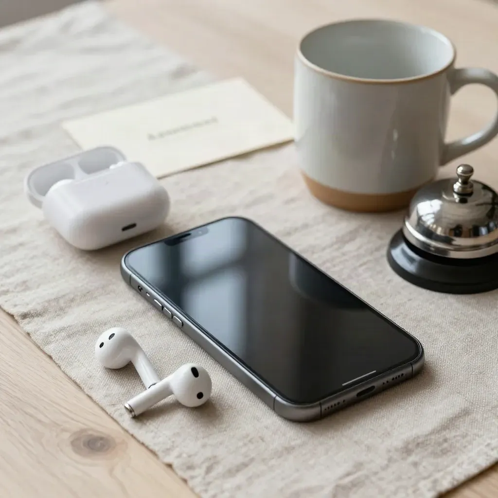 Face-down phone, earbuds, mug, and bell on a linen runner in soft window light.