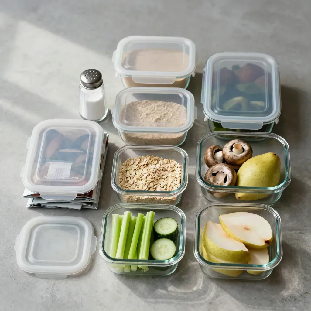 Overhead flatlay of clear meal containers, produce bowl, salt shaker, and grocery packs on pale concrete.