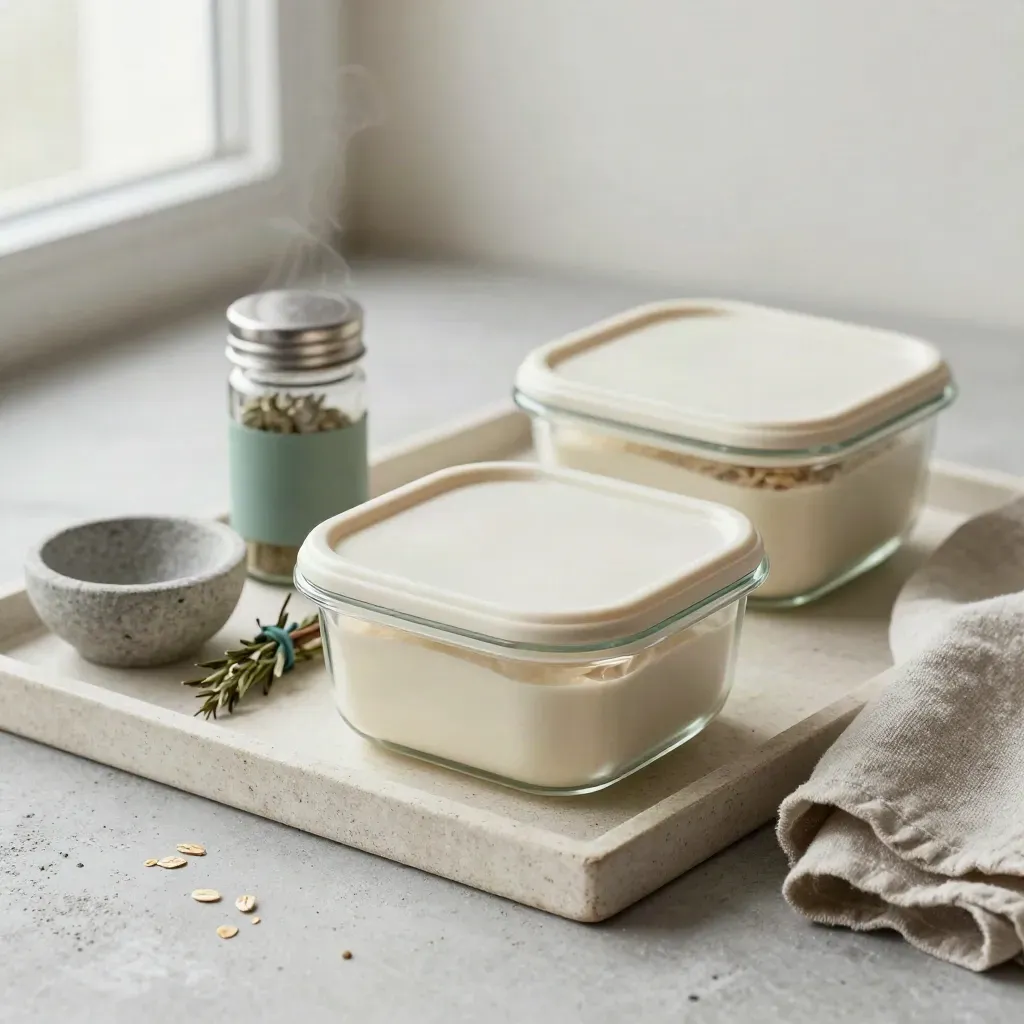 Tray of low-sodium meal containers, herbs, spice jar, bowl and linen on stone