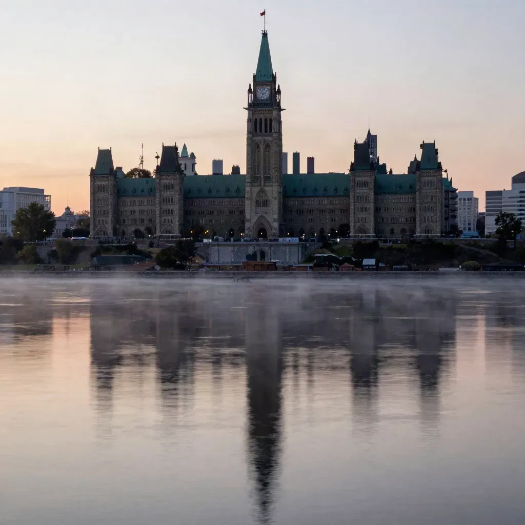 Ottawa skyline and Parliament Hill glowing above a misty river at blue hour.