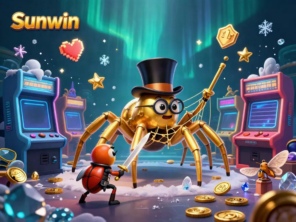 Experience Sunwin with a vibrant scene of a golden tarantula, heroic beetle, and game machines.