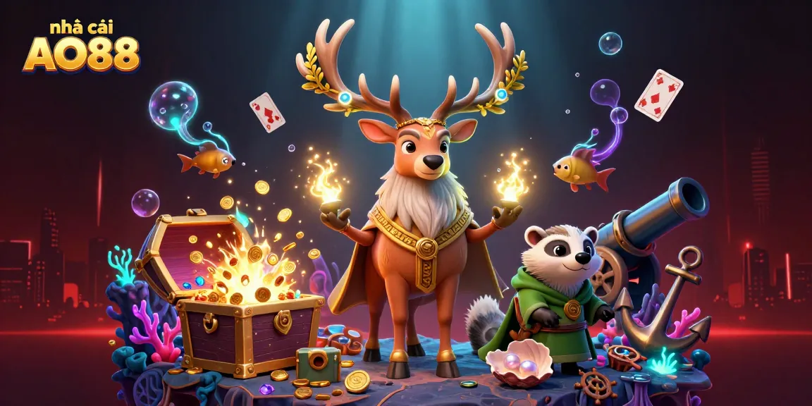 Engage in thrilling action with nhà cái AO88's vibrant 3D casino illustration featuring mythical characters and exciting game elements.