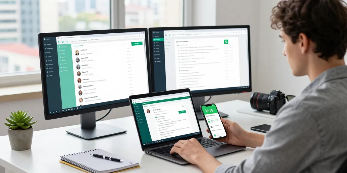 Engaging workspace featuring WhatsApp網頁版 on laptop and smartphone notifications.