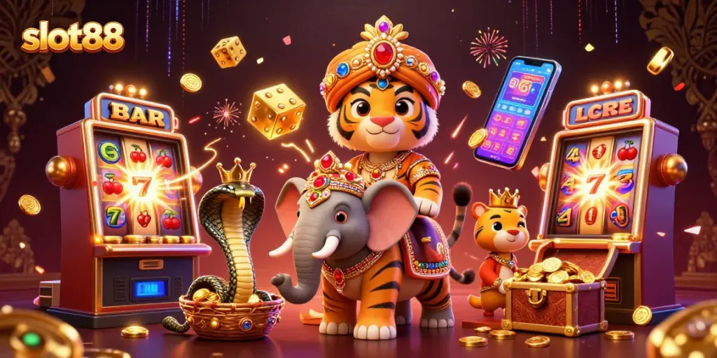 Experience the slot88 excitement with a vibrant maharaja tiger and jackpot explosion in this dynamic casino scene.