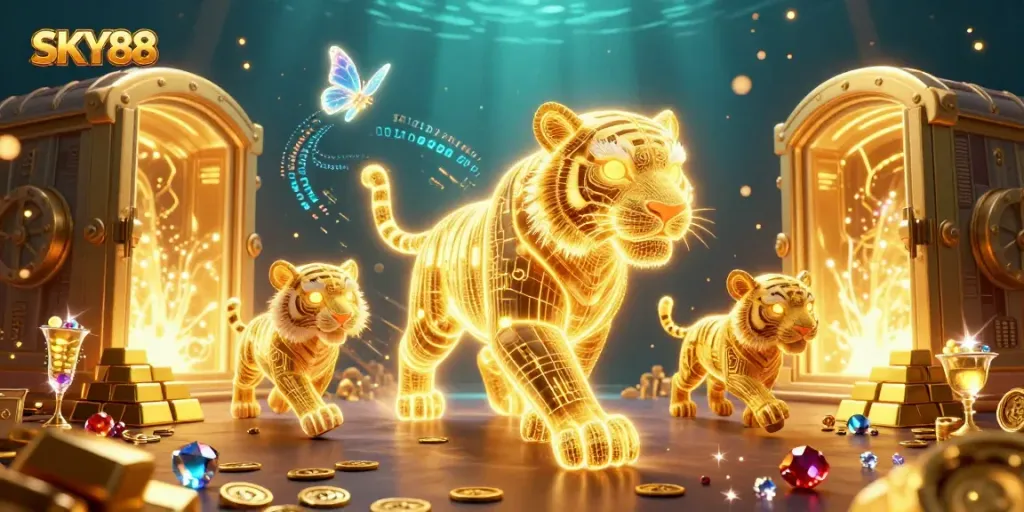 Win big with SKY88 in this vibrant 3D casino landscape illustrated scene filled with treasure