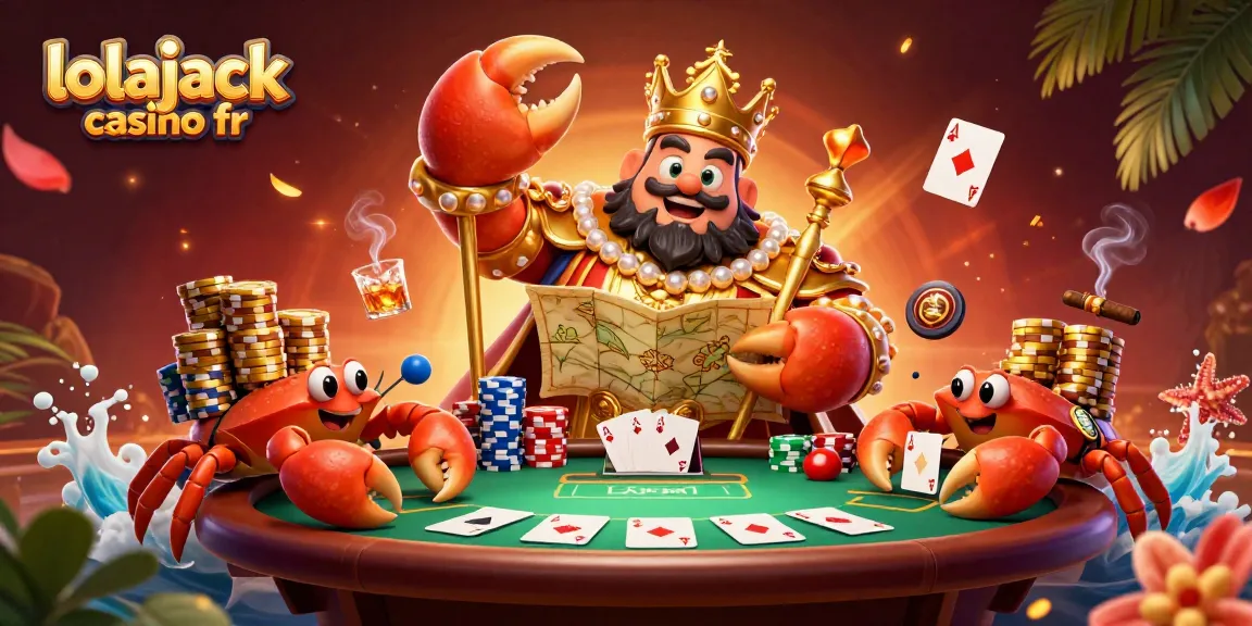Experience excitement with lolajack casino fr, a vibrant scene showcasing a golden crab emperor amidst poker chips and cards.