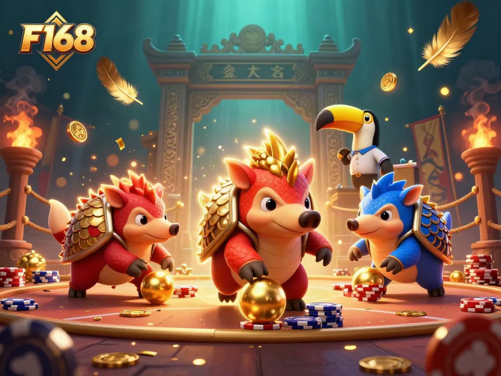 F168 pangolins bowl through chips in a vibrant casino scene filled with excitement.