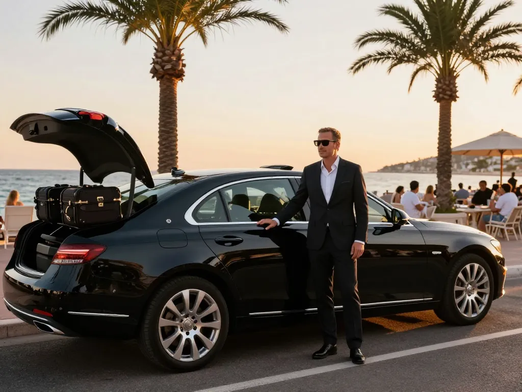 Véhicule de luxe Taxi Saint-Tropez et chauffeur professionnel dans un cadre de plage pittoresque.