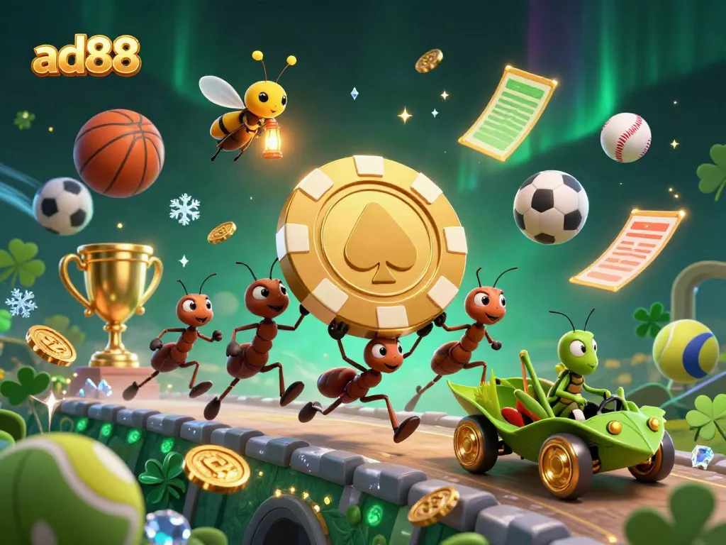 Experience the thrill of ad88 with a whimsical heist featuring animated ants and dynamic casino elements.