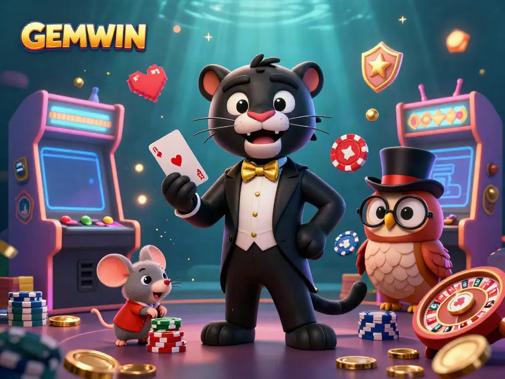 Experience thrilling card games with GEMWIN's lively illustration featuring a tuxedo-clad panther dealer.