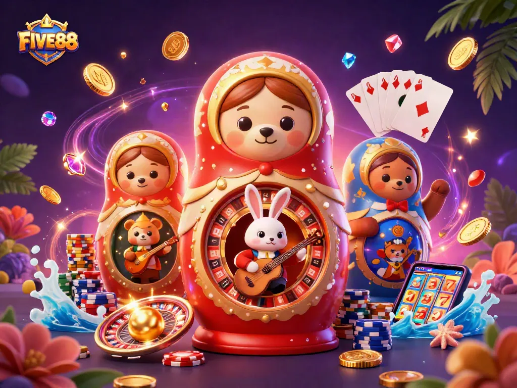 Engage with FIVE88's thrilling casino atmosphere featuring vibrant 3D characters and dynamic game elements.