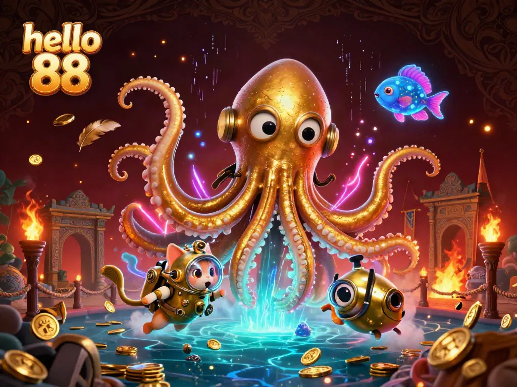 Immerse in the thrilling adventure with hello 88, showcasing a kraken and a diving cat in a treasure-filled underwater casino.