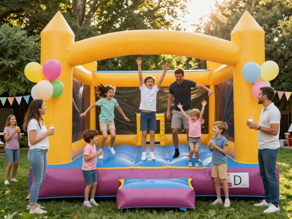 Children joyfully playing in a bounce house at a sunny outdoor party