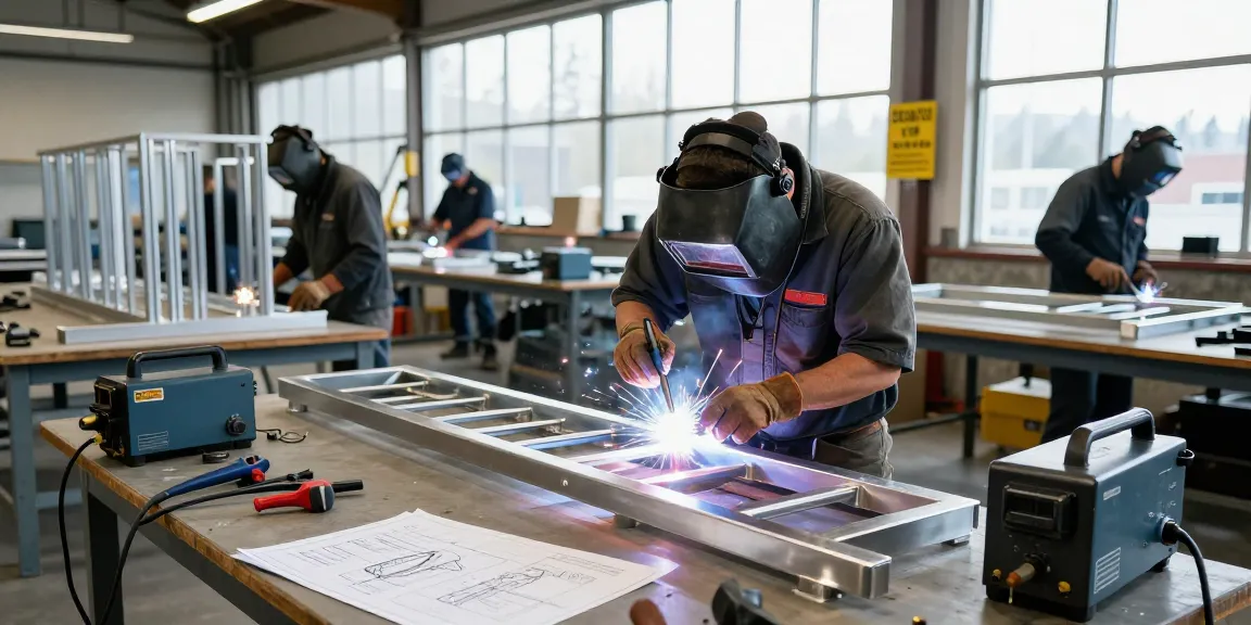 Custom metalwork in Vancouver, showcasing skilled fabricators in a dynamic workshop environment, welding intricate designs and using various metals.