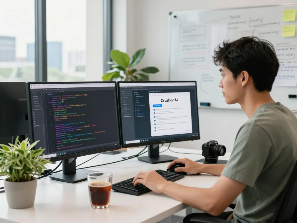 Developer coding CrushonAI on dual monitors, showcasing a vibrant tech workspace