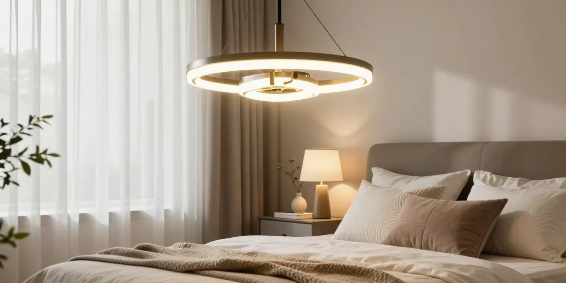 Candelabru dormitor elegant strălucind într-o cameră primitoare cu lenjerie de pat confortabilă.