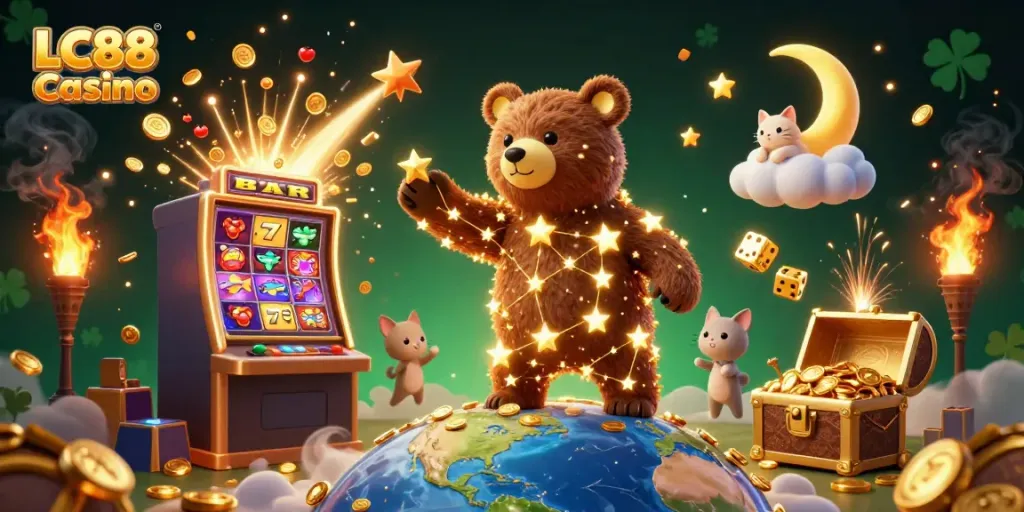 Experience the excitement of LC88 Casino with a vivid 3D illustration showcasing a jackpot scene featuring a constellation bear and dynamic casino elements.
