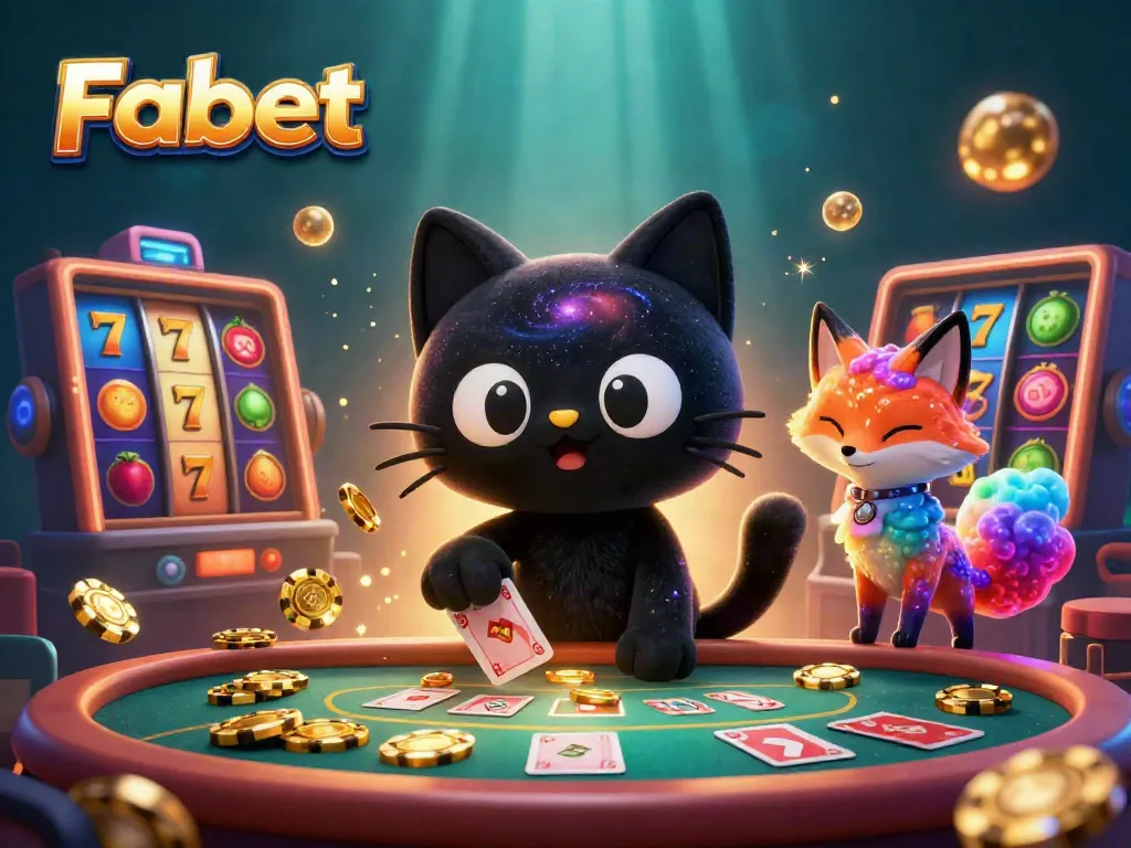 Experience Fabet's vibrant casino scene with a cosmic cat and colorful fox amidst swirling slot machines.