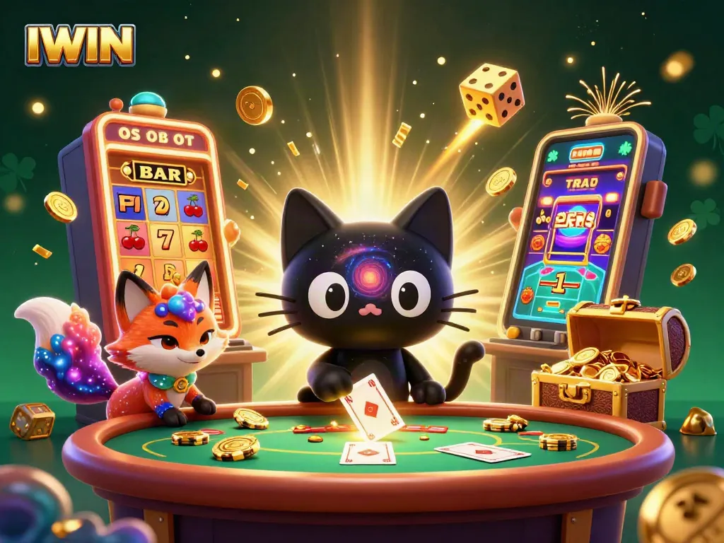 IWIN captivates players with a cosmic casino experience featuring a black hole cat and colorful elements.