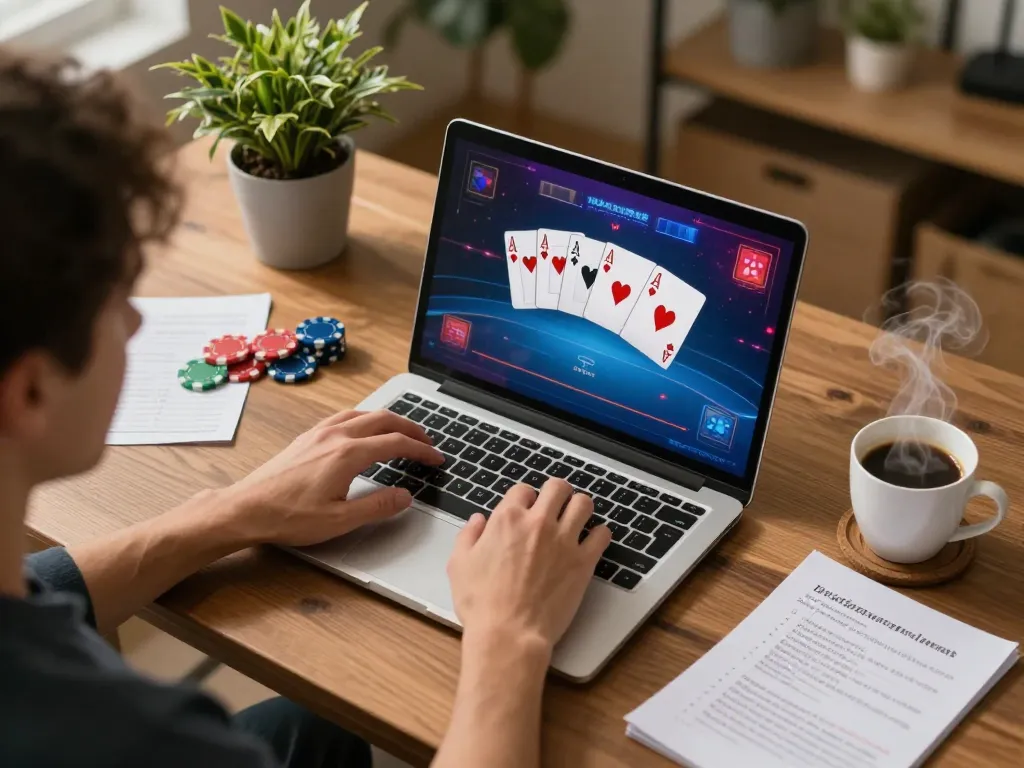 Player using 79sodoe for online poker with strategic notes and a cozy home atmosphere